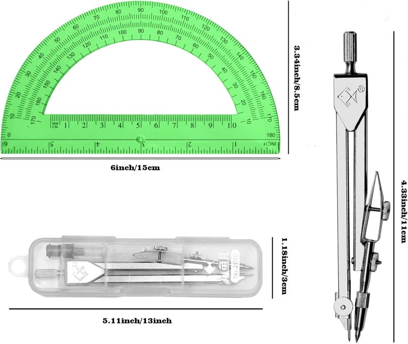 Tdfronien Students Geometry Math Set, Drawing Compass and 6 Inch Transparent Swing arm Protractor 180 Degree Math Protractor (Green) - Image 2